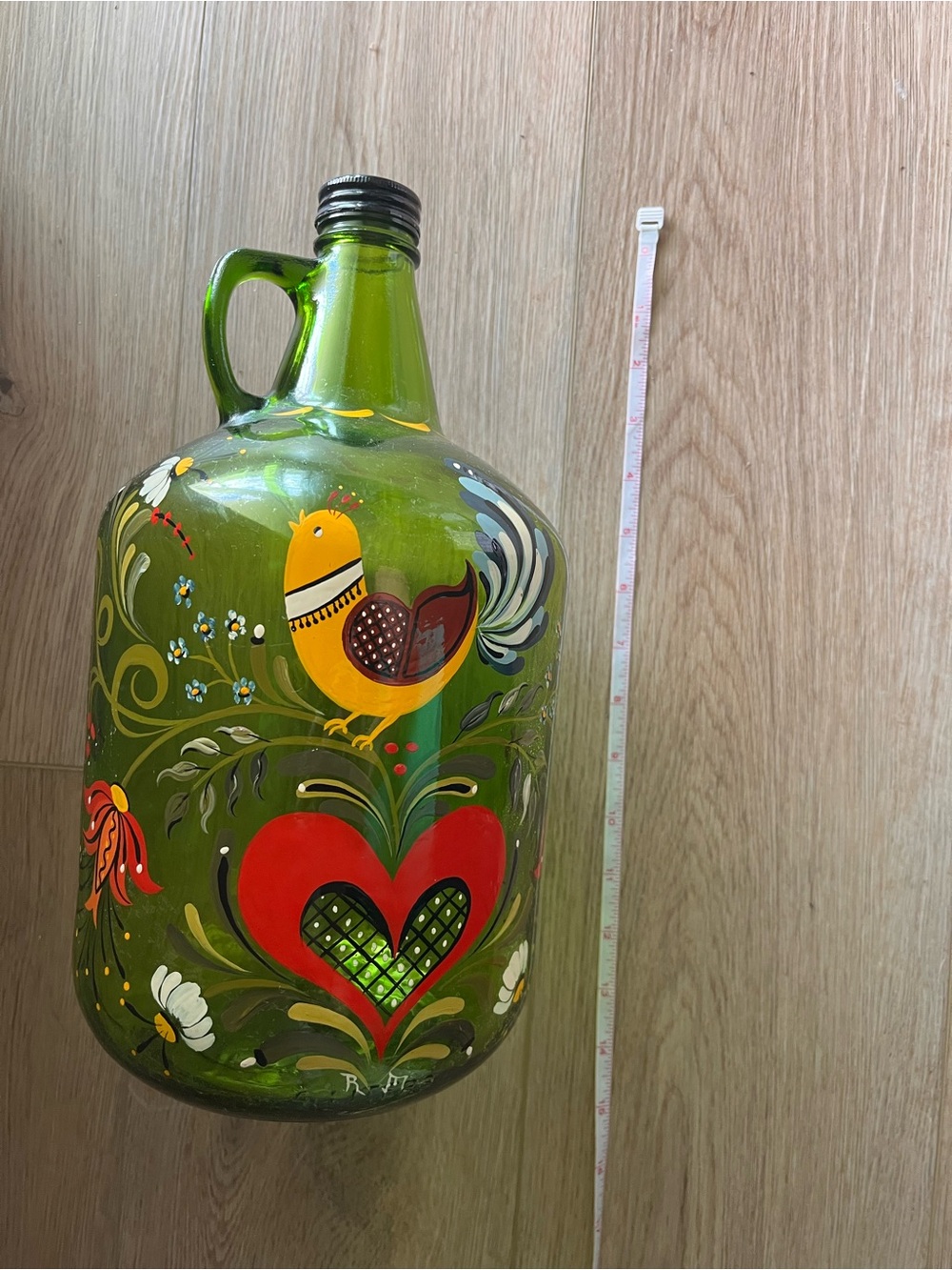 Hand-Painted Green Glass Jug with Folk Art Rooster and Heart - Picture 5 of 5